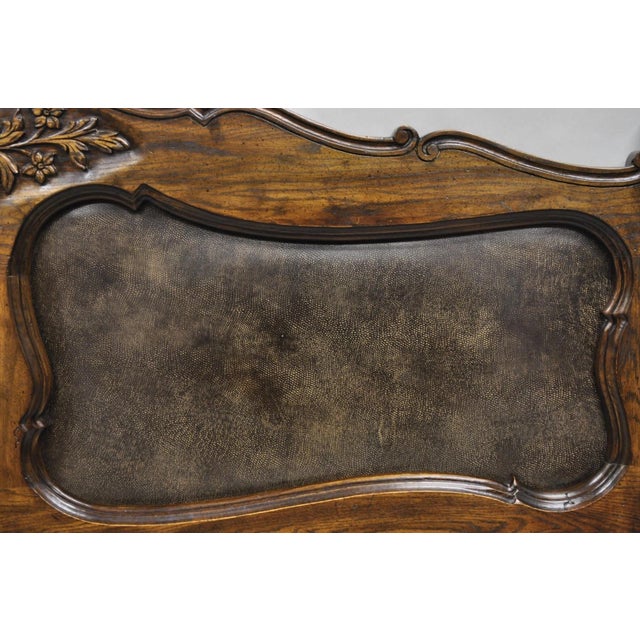 Brown Vintage French Country Provincial Oak Wood Upholstered Panel King Bed Headboard For Sale - Image 8 of 12