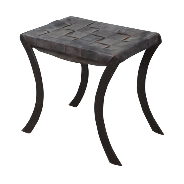 Industrial Mid 20th Century Vintage French Industrial Iron & Woven Leather Saber Leg Stool Bench Seat For Sale - Image 3 of 11