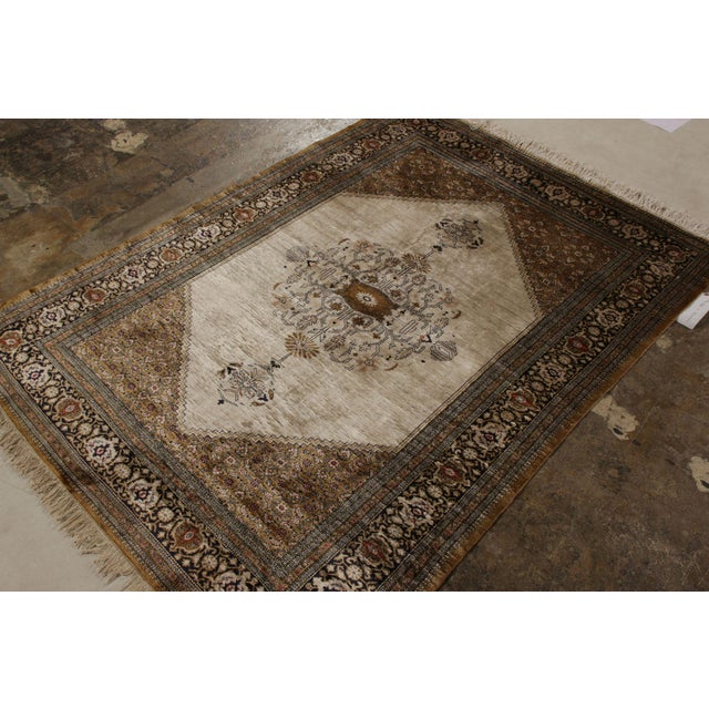 Traditional Hand-Knotted Vintage Persian Qum Rug in Beige-Brown Medallion Pattern For Sale - Image 3 of 7