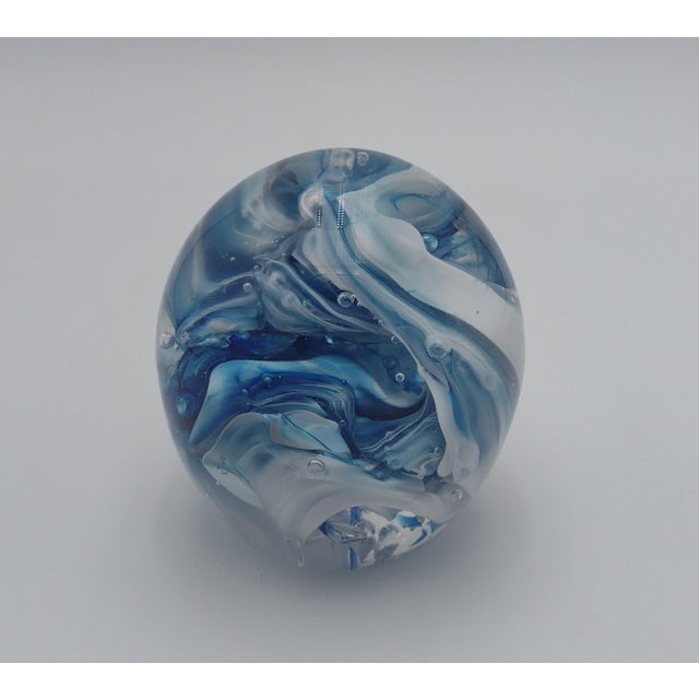 Contemporary Signed Vintage Handblown Glass Paperweight With Blue & White Ribbon Swirl, 2003 For Sale - Image 3 of 11