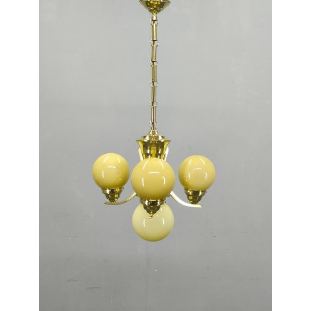 Art Deco Brass and Opaline Glass Chandelier, 1930s For Sale - Image 3 of 14