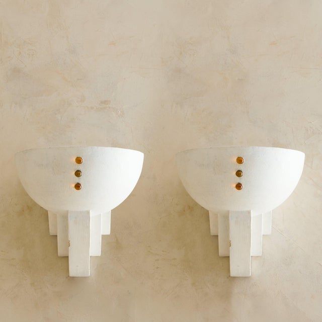 Art Deco Pair of French Art Deco Plaster + Amber Glass Sconces, 1930s For Sale - Image 3 of 11