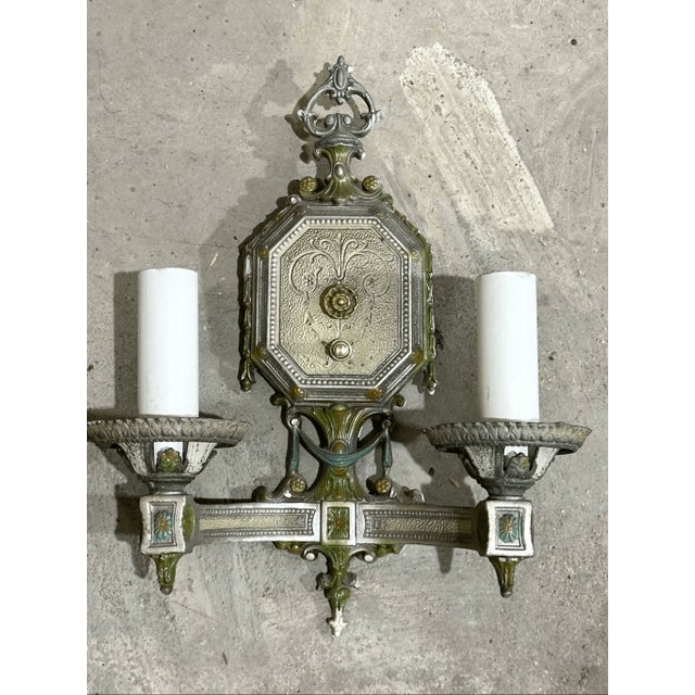 Gold Vintage Art Deco Style Two Arm Metal Wired Wall Sconce For Sale - Image 8 of 10