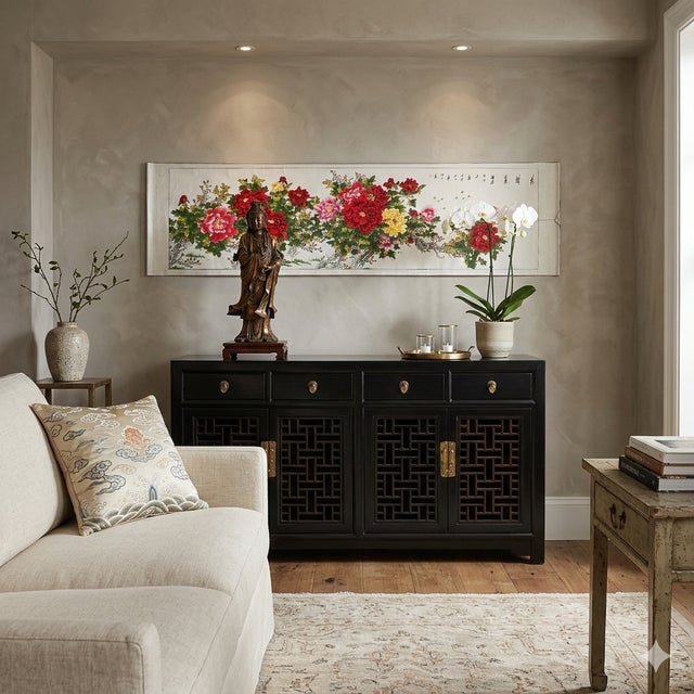 1970s Long Horizontal 141" Chinese Color Ink Red Peony Blossom Scroll Painting For Sale - Image 5 of 14