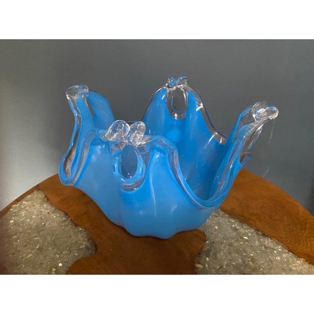 Abstract Blue Murano Vaso Fazzoletto Bowl With Clear Glass Filigree For Sale - Image 3 of 7