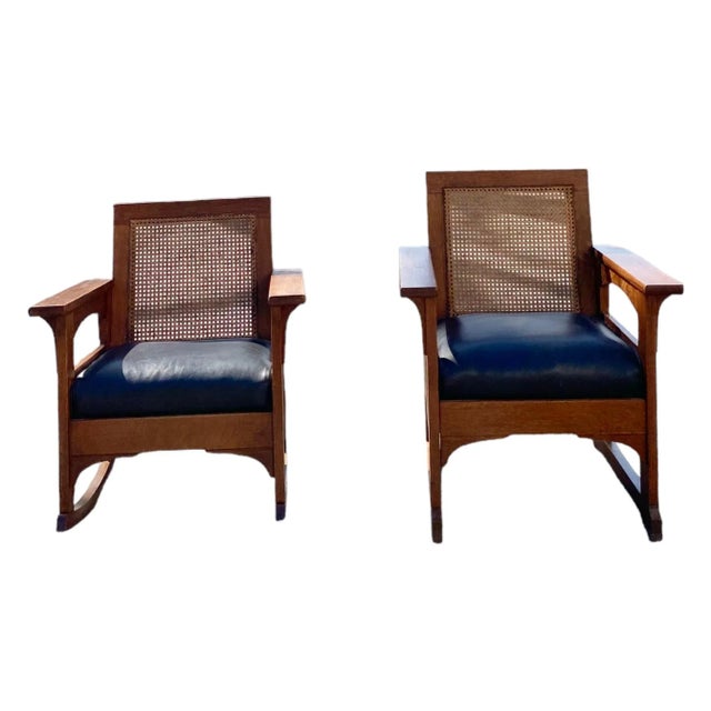 Mission American Arts and Crafts Caned Oak and Leather Armchair and Rocker C. 1910 For Sale - Image 3 of 7
