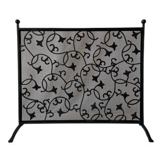 Vintage Botanical Ivy Scroll Design Blackened Steel Fireplace Screen For Sale