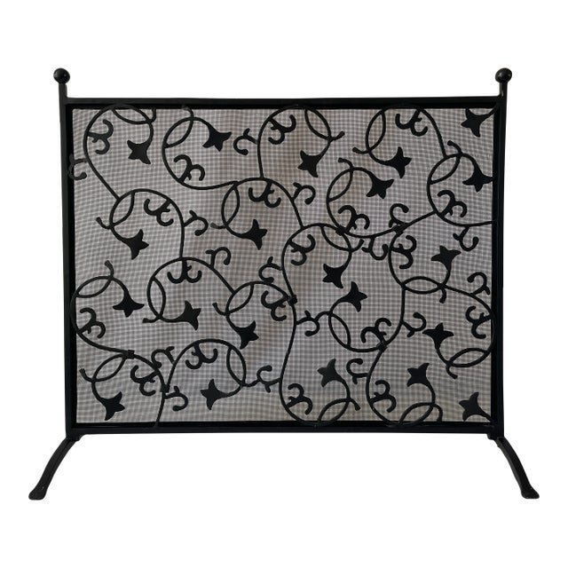 Vintage Botanical Ivy Scroll Design Blackened Steel Fireplace Screen For Sale