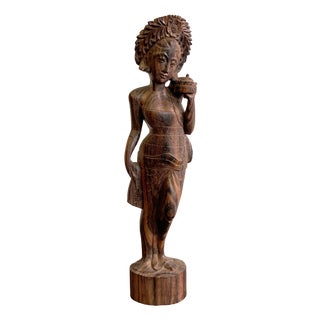 Sculpture Depicting a Balinese Woman on Hand-Carved Mahogany, 1960s For Sale