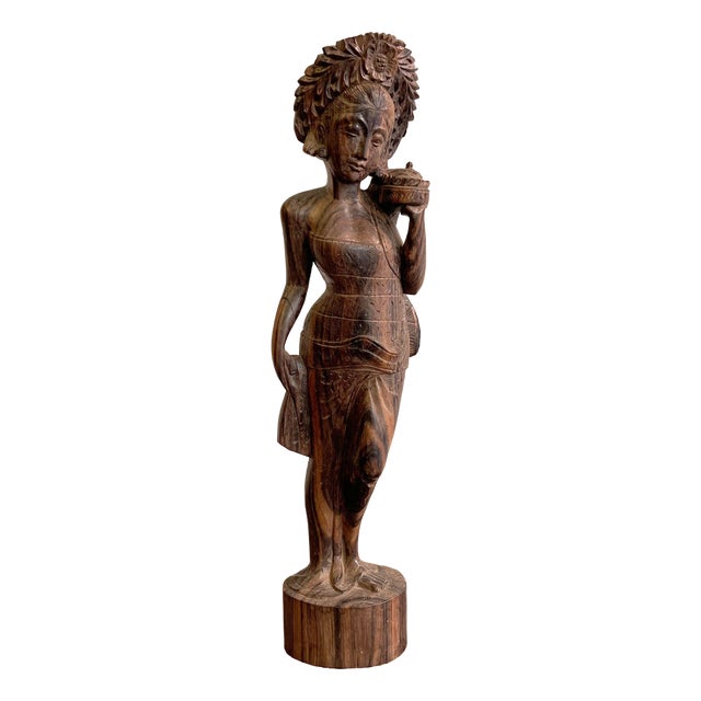 Sculpture Depicting a Balinese Woman on Hand-Carved Mahogany, 1960s For Sale