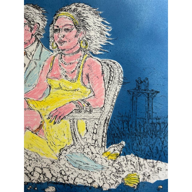 Large Vintage Original Hand Colored Etching of a Man and Woman in Car For Sale - Image 4 of 6