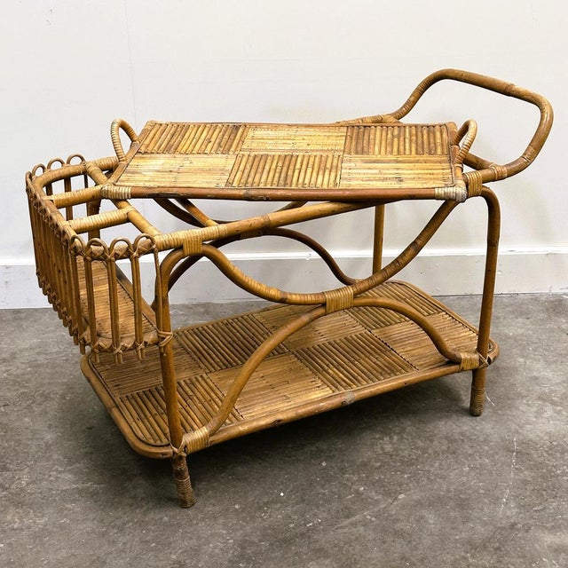 Large French Riviera Rattan Bar Cart with Bottle Holder, 1960s For Sale - Image 10 of 14