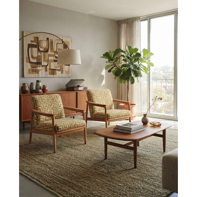 A stylish and matching pair of fully refurbished Hungarian mid-century modern lounge armchairs, featuring light-toned...