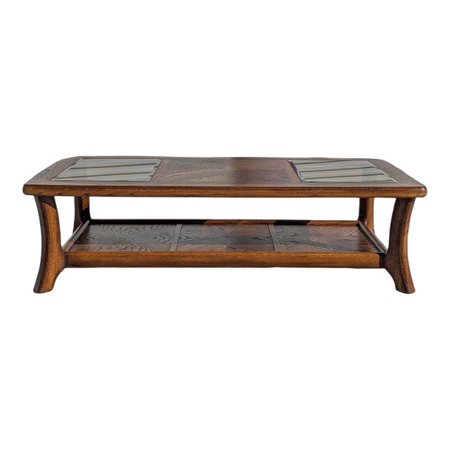 Mid 20th Century Smoked Glass and Oak Parquetry Coffee Table With Lower Shelf For Sale