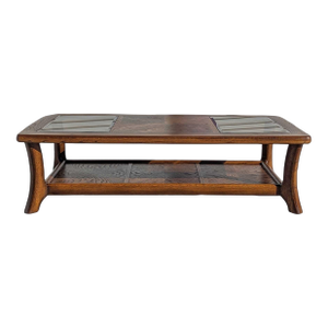Mid 20th Century Smoked Glass and Oak Parquetry Coffee Table With Lower Shelf