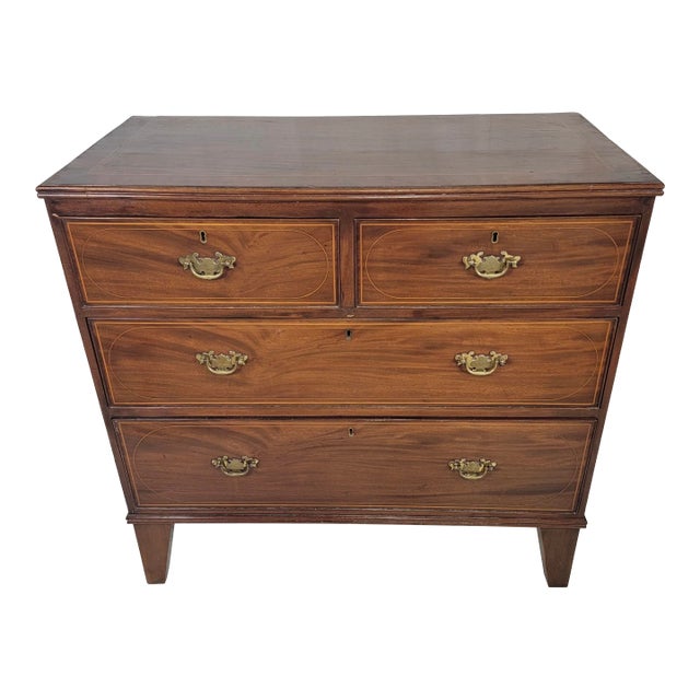 Stately Antique 2 Over 2 Chest of Drawers With Delicate Inlaid Trim and Metal Brass Hardware - From England, Circa 1860 For Sale