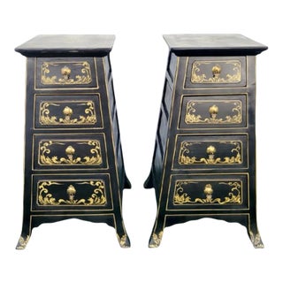 Black and Gold 4 Drawer Pyramid Graduated Dorothy Draper Style Hollywood Regency Side Tables- a Pair For Sale