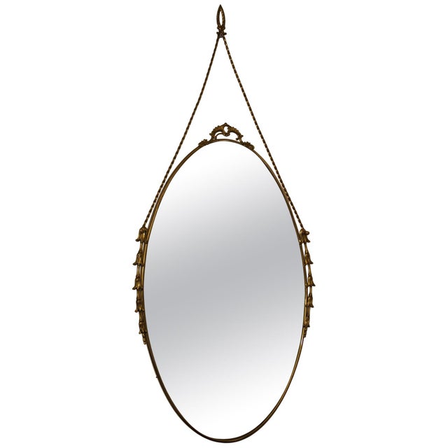Oval Brass Wall Mirror with Neoclassical Decoration and Brass Chain, 1950s For Sale - Image 17 of 17