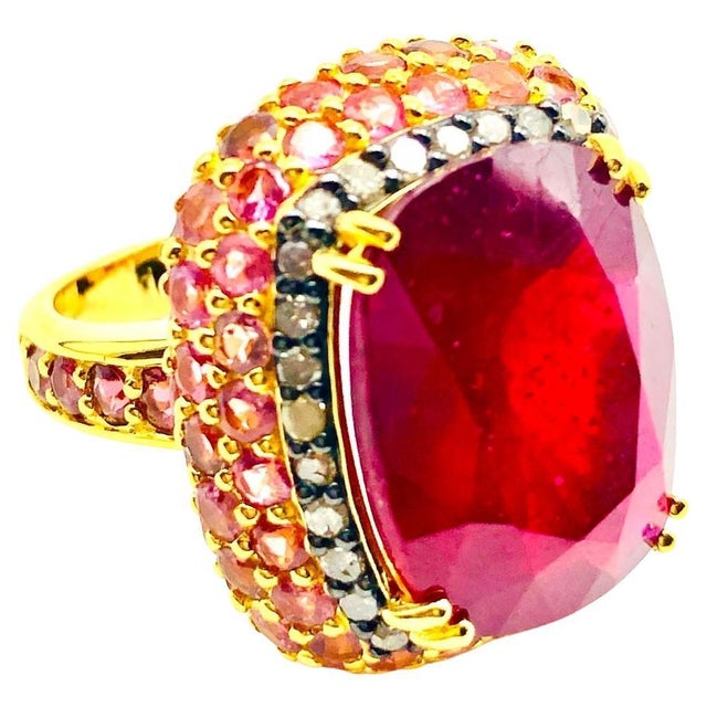 Bochic "Orient" Vintage Ruby, Diamond & Pink Sapphire Ring Set 18K Gold & Silver For Sale - Image 15 of 18