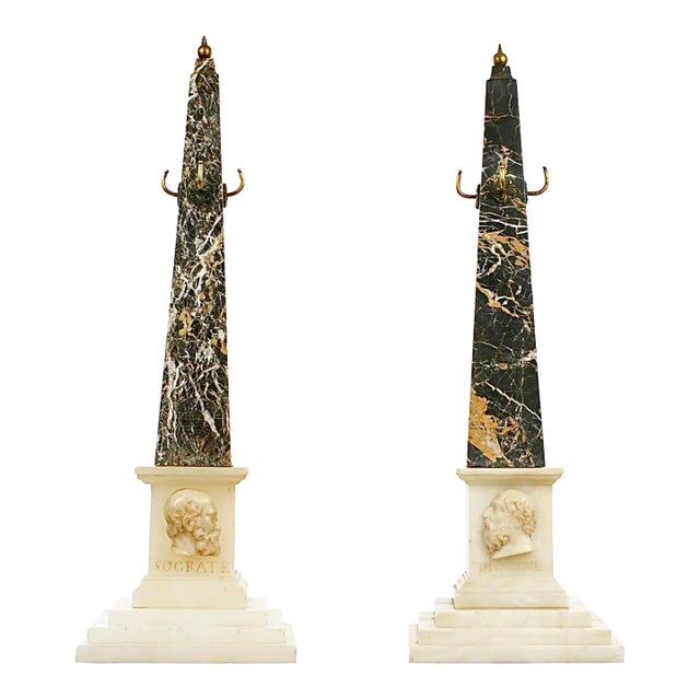 A Pair of Grand Tour Variegated Marble Obelisks For Sale