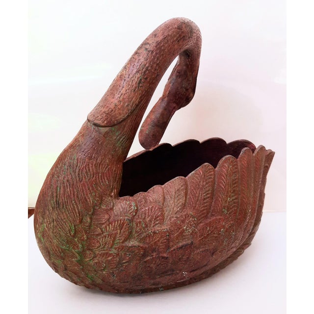 French Provincial Vintage Bronzed Metal Swan Planter For Sale - Image 3 of 11