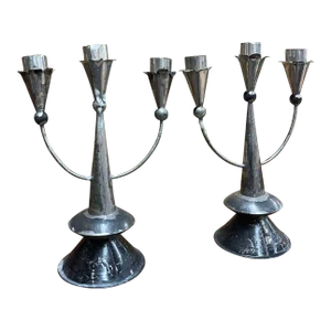 Vintage Pair of Silver Toned Primitive Style Candelabras