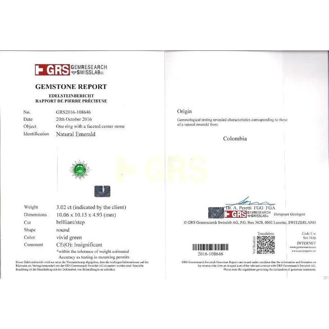 3.02 Carat Vivid Green Round Cut Colombian Emerald & Diamond Halo Platinum Ring, Size 8.25 For Sale In Miami - Image 6 of 7