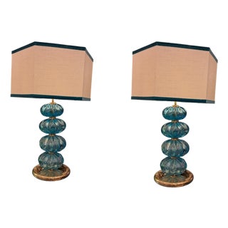 Antique Turquoise Murano Glass Lamps, 1980s, Set of 2 For Sale