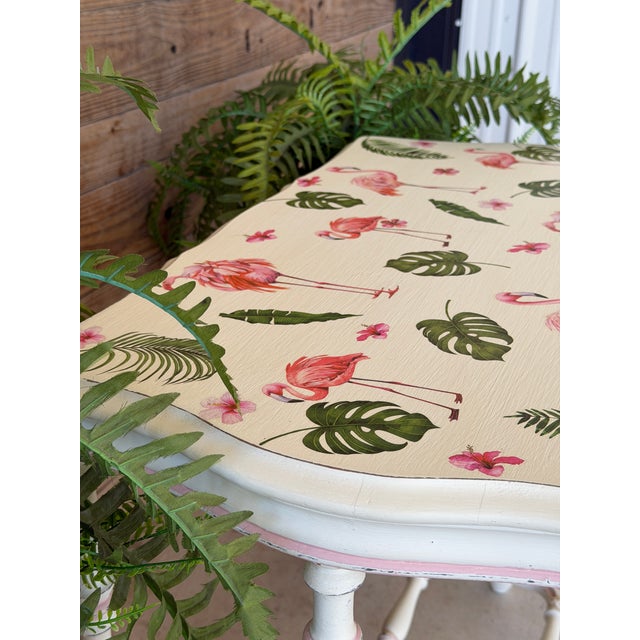 Antique Console Table With Custom Flamingo Decoupage Top | Hand-Painted Coastal Piece For Sale - Image 11 of 12