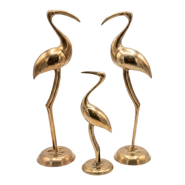 1970s Palm Beach Regency Solid Brass "Longevity" Crane Trio - Set of 3 For Sale