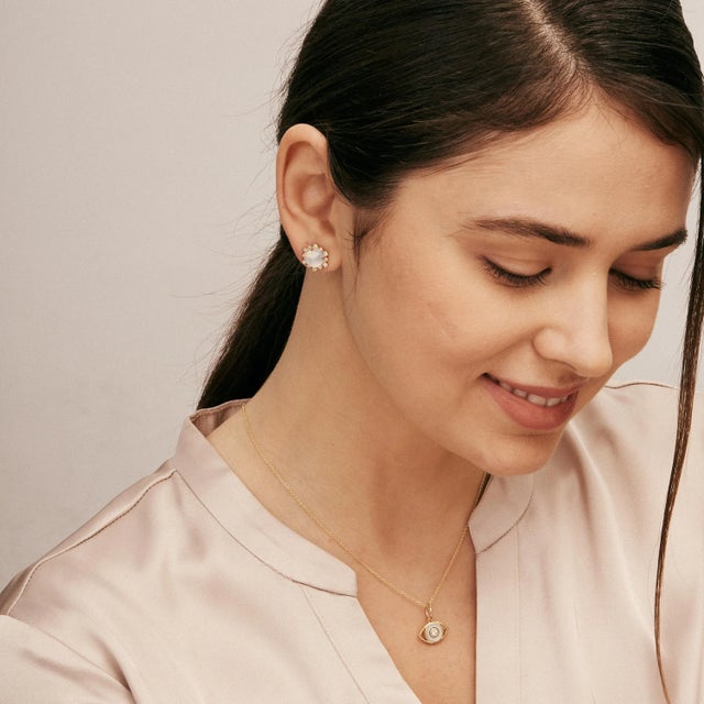 Syna Yellow Gold Evil Eye Pendant with Mother of Pearl and Diamond For Sale - Image 4 of 5