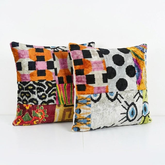 This beautiful 19'' x 20'' Silk Ikat Velvet pillow cover set was made from authentic Uzbek handwoven silk velvet. The...
