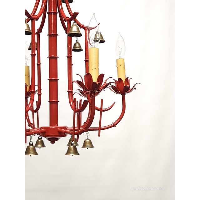 Metal Fabulous Italian Tole Vintage Red Faux Bamboo Pagoda With Brass Bells Chandelier ~ Rewired ~ Restored ~ Rejuvenated For Sale - Image 7 of 12
