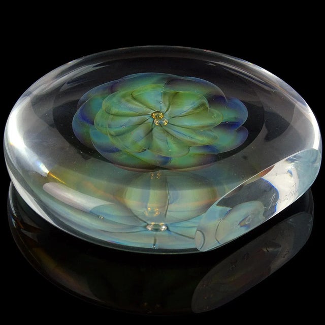 Abstract Artist Signed Vintage Opalescent Golden Yellow Double Floral Design Studio Art Glass Paperweight For Sale - Image 3 of 7