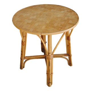 Vintage Rattan Bamboo Round Accent Table Woven Top 1960's For Sale