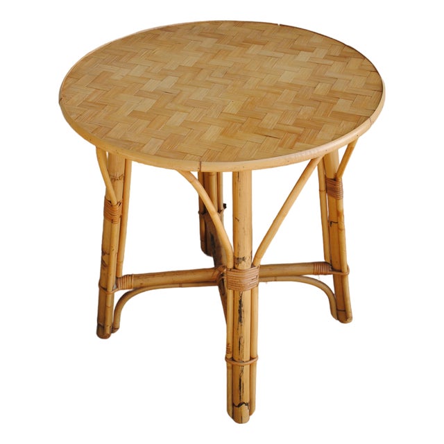 Vintage Rattan Bamboo Round Accent Table Woven Top 1960's For Sale
