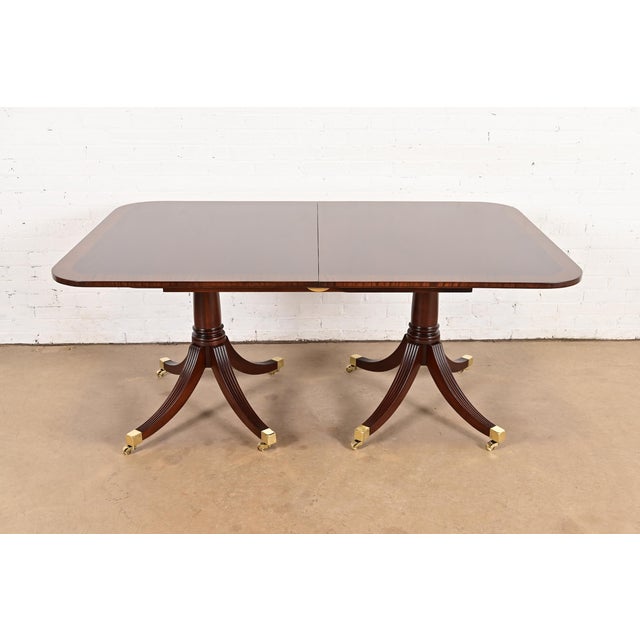 Wood Baker Furniture Style Georgian Banded Mahogany Double Pedestal Extension Dining Table, Newly Refinished For Sale - Image 7 of 14