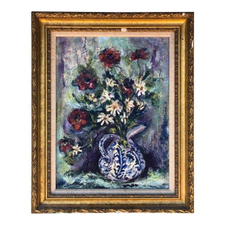 Mid Century Modern Heavy Impasto Floral Still Life Oil Painting C.1950s For Sale