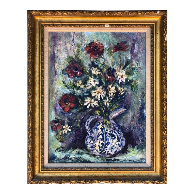 Mid Century Modern Heavy Impasto Floral Still Life Oil Painting C.1950s For Sale