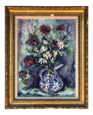 Mid Century Modern Heavy Impasto Floral Still Life Oil Painting C.1950s
