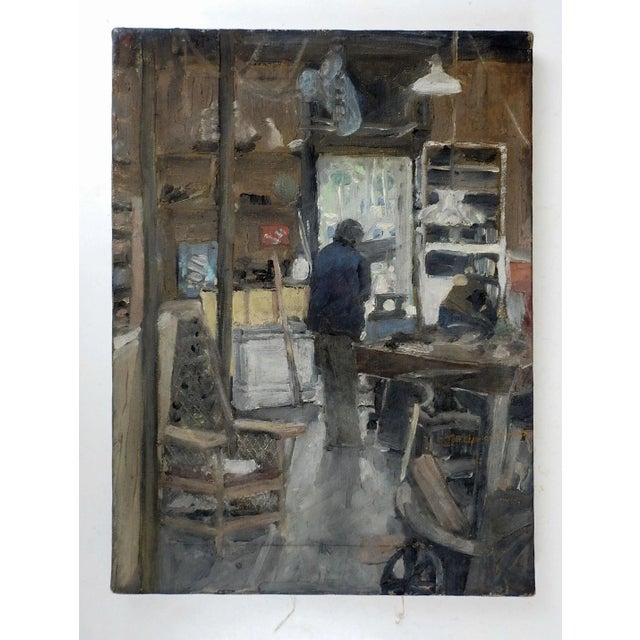 Late 20th century oil on canvas painting of interior of workshop. Unsigned. Unframed, edge wear, stains on back of canvas...