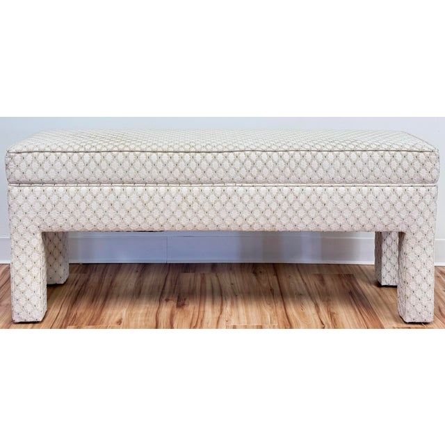 Postmodern Vintage Trellis Lattice Pattern Upholstery Parsons Bench For Sale - Image 3 of 9