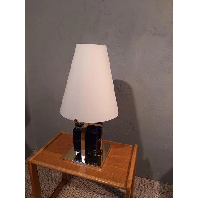 Table Lamp in Brass with Blue Glass Cubes and White Opaline Cone, 1990s, in Very Good conditions. Designed 1990 to 1999 I...