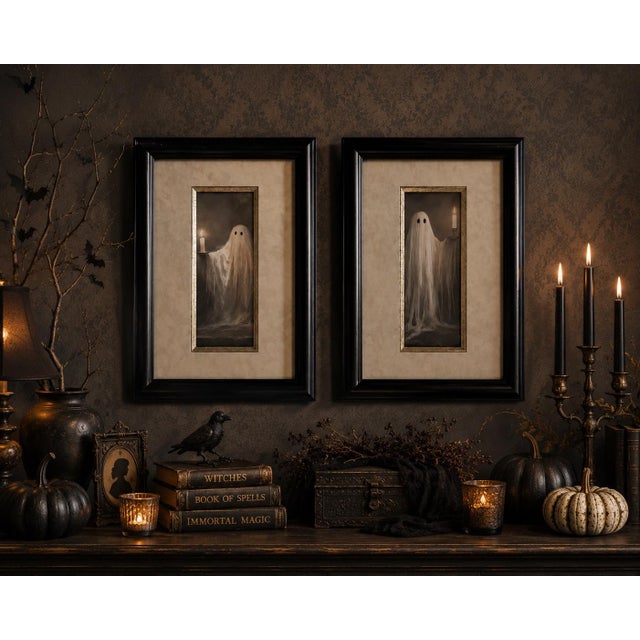Pair of Framed Ghost With Candles Portrait Prints | Gothic Halloween Wall Art For Sale - Image 4 of 9