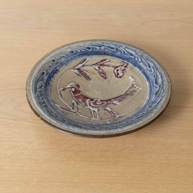 1950s Japanese Mashiko Pottery Plate With Mingei Bird Motif, 1950s For Sale - Image 5 of 12