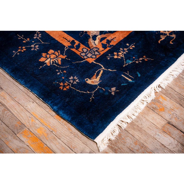 Textile 1920s Traditional Blue Open Field Floral Bird Knotted Antique Chinese Peking Rug For Sale - Image 7 of 10