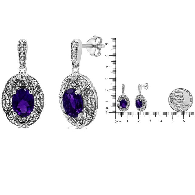 Early 21st Century .925 Sterling Silver Diamond Accent and 8x6mm Purple Oval Amethyst Stud Earrings (I-J Color, I1-I2 Clarity) For Sale - Image 5 of 5