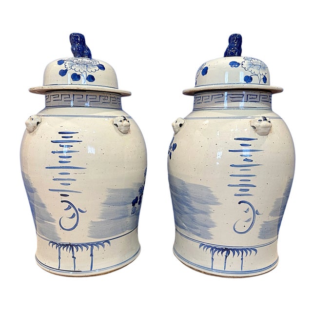Chinoiserie White & Blue Flower Baluster Ginger Jars - a Pair For Sale - Image 4 of 5