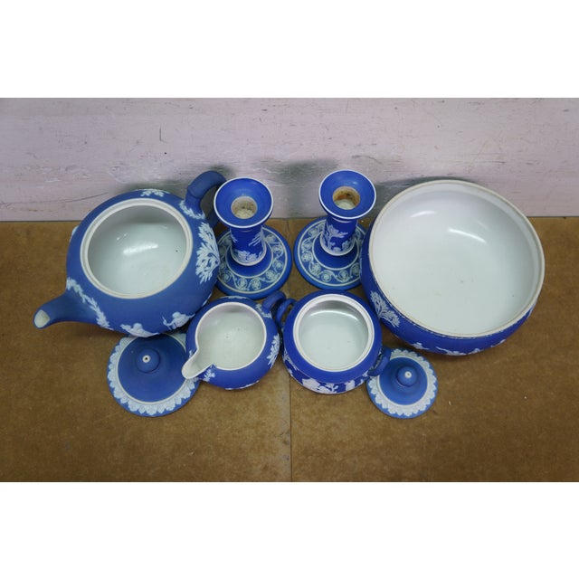 Vintage Wedgwood Blue Jasperware Candlesticks Creamer Sugar Teapot Bowl Compote - Set of 6 For Sale - Image 11 of 16