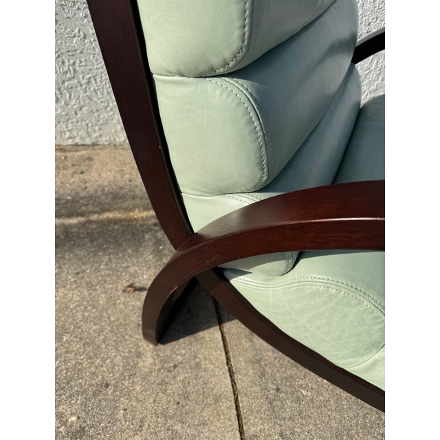 1980s Attributed to Jay Spectre Eclipse Lounge Chair for Century – Postmodern Chrome Armchair – Mint Green Leather Sculptural Chair – 1980s Designer Seating For Sale - Image 5 of 12